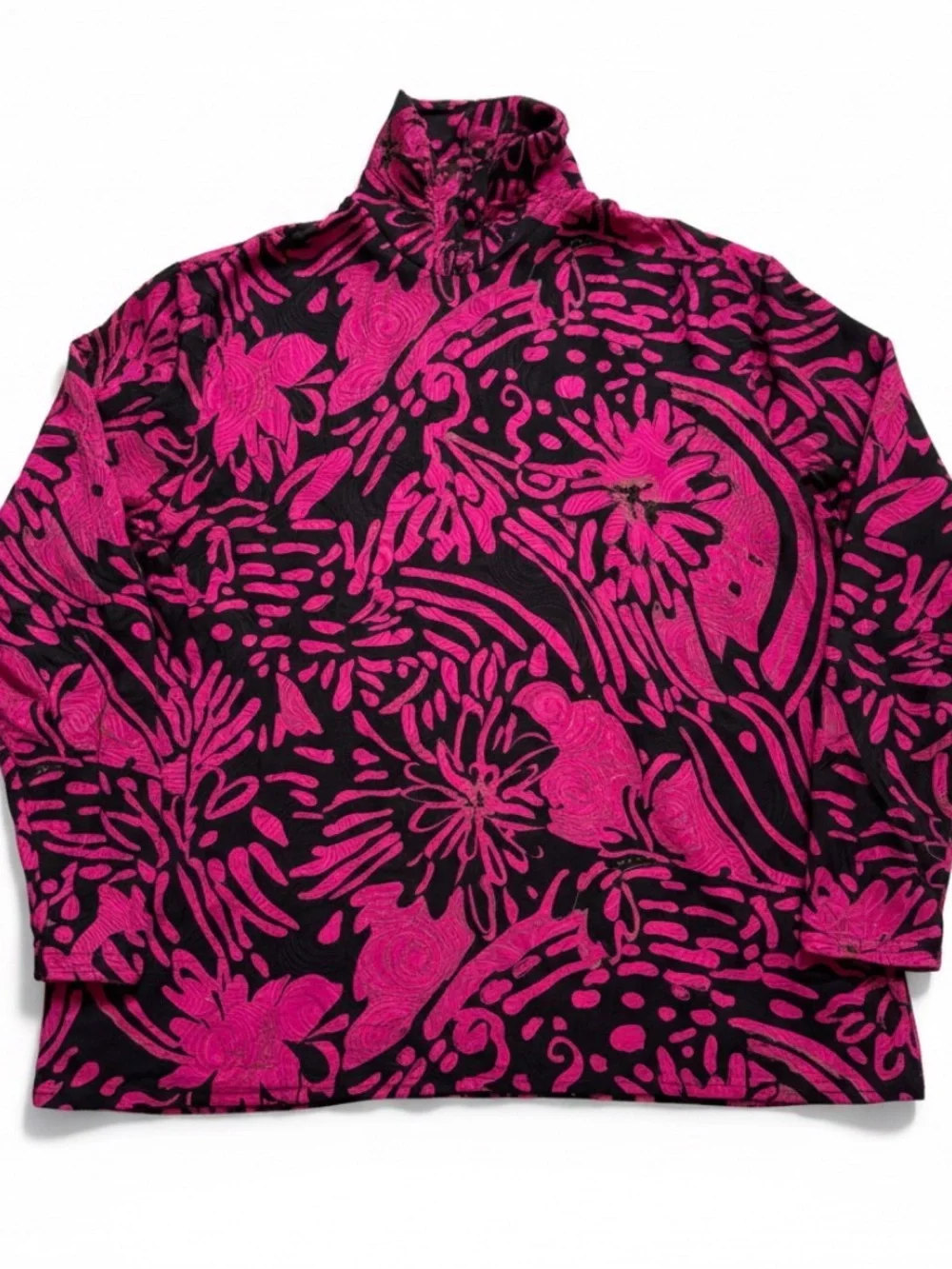 Vintage Christian Dior Size 12 Hot Pink Black Abstract Floral High Neck Blouse